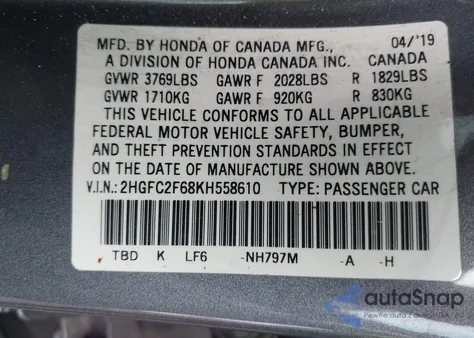 2019 Honda Civic Lx from USA, damaged, VIN 2HGFC2F68KH558610